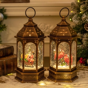 Lanterna di Natale con Babbo Natale e cardinale, lampada LED glitterata bronzo