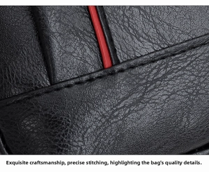 Close-up of black pebble grain PU leather bag with red stitching and detailed craftsmanship