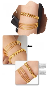 Detail view of 18K gold plated vintage cuff set with beads and layered metal bangles