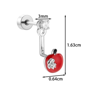 Cute red apple stud earring with clear gemstone and silver finish on white background
