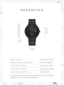 Especificaciones detalladas del reloj de cuarzo negro con agujas azules y esfera de 40,5 mm