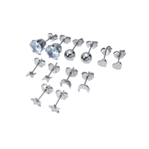 Set of 6 pairs minimalist silver stainless steel stud earrings in assorted geometric shapes