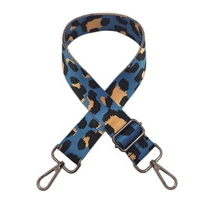 Detail of blue leopard jacquard woven strap with dark metal swivel hooks and adjuster