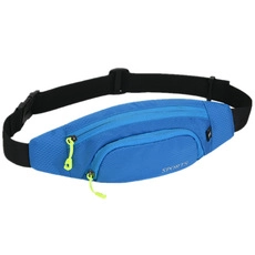 Close-up of blue 400D Oxford fabric sports waist bag with neon green zippers