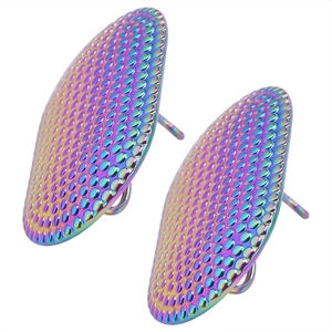 Macro shot of 304 stainless steel stud earrings with rainbow finish and honeycomb texture
