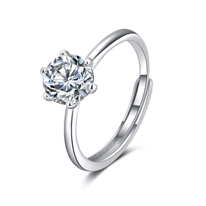 Minimalist six-prong solitaire ring with a sparkling round-cut zircon and adjustable band