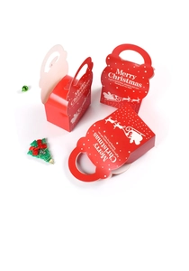 Three red Christmas gift boxes with handles and Merry Christmas santa print on white background