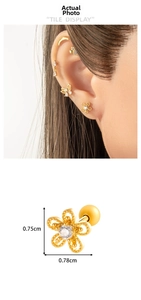 Detailed size view of micro-pave zircon flower stud earring measuring 0.75cm by 0.78cm