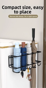 Black wall-mounted metal umbrella rack with 4 slots and 3 hooks for home storage