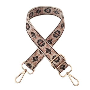 Detail of 3.8cm beige floral jacquard woven bag strap with golden metal clasps