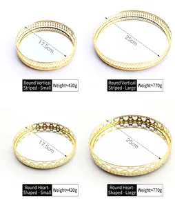 Size chart showing gold mirrored tray dimensions 17.5cm and 25cm with metal patterns