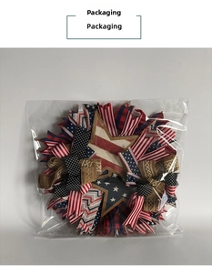 Detail view of American patriotic wreath in protective clear packaging with star accents