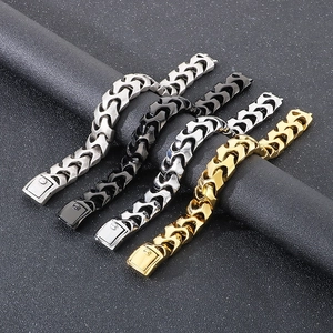 Men's punk style stainless steel keel chain bracelets in gold, silver, and black finishes