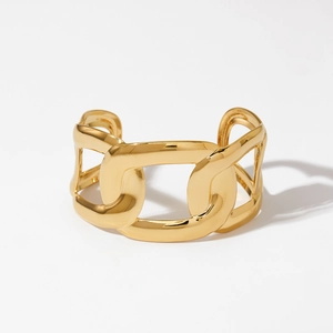 Polished gold stainless steel open bangle featuring a unique hollow chain link design