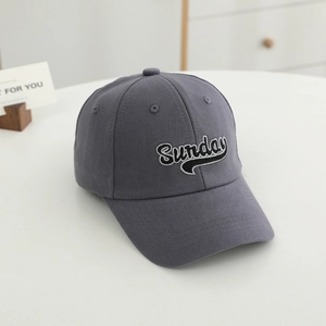 Detail of dark grey cotton baseball cap with 3D Sunday embroidery and eyelets