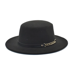 Classic black wool felt boater hat with wide brim and decorative gold chain link band