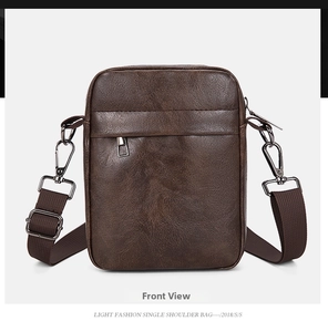 Front view of a dark brown PU leather crossbody phone bag with textured finish