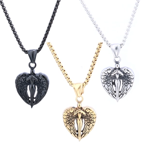 Angel Wing Heart Pendant Necklace Stainless Steel Gothic Punk Street Style Jewelry For Men And Women Religious Amulet