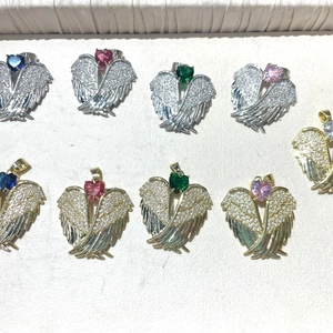 Multiple Angel Wing Heart Pendants with zircon inlay in gold and silver metal finishes
