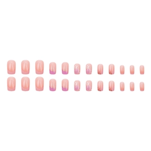 Pink French ombre press-on nails with glitter and floral designs, 24 piece square set