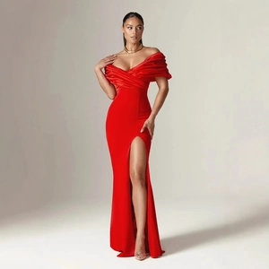 Elegant red off-shoulder evening dress with high slit in shiny satin fabric for women