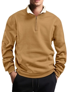 Detail of camel half-zip sweatshirt with fleece collar lining and matching elbow patches
