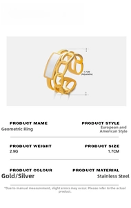 Macro view of adjustable golden stainless steel ring with white enamel and chain links