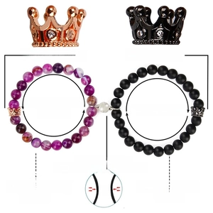 Natural agate and matte stone magnetic couple bracelets with golden crown charms