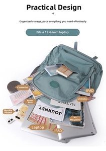 Top view of a nylon backpack showing storage capacity for 15.6 inch laptop and accessories