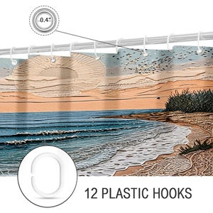 Detail of beach shower curtain with 0.4 inch rustproof metal grommets and 12 plastic hooks