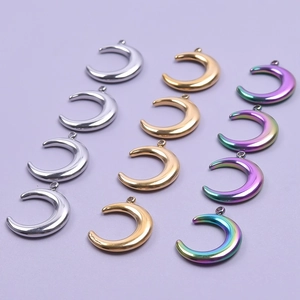 Set of 12 minimalist crescent moon pendants in silver, gold, and rainbow stainless steel