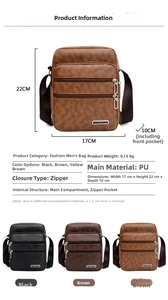 Detailed size chart and multi-color view of stylish PU leather crossbody bag for men