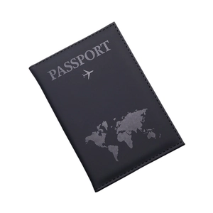 Black PU leather passport cover with world map design and aircraft icon on white background