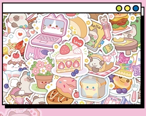 Detailed view of 60 pieces cute dessert bear and cat stickers for DIY journals