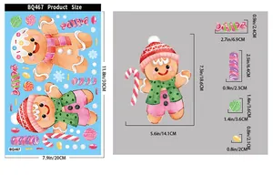 Size guide for Christmas gingerbread man and candy static window stickers showing dimensions