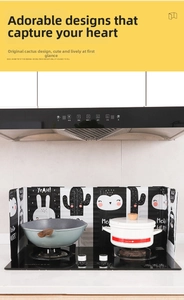 Macro detail of foldable aluminum kitchen splash guard with black cactus and rabbit prints