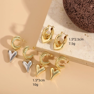 Minimalist heart charm hoop earrings in gold and silver finish, elegant jewelry set