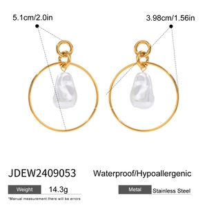 Detail of stainless steel hoop earring with baroque pearl featuring size dimensions
