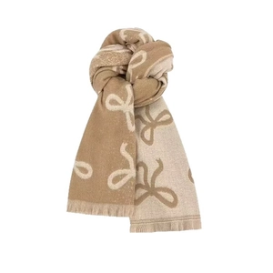 Thick beige and light brown knitted scarf with bow patterns and decorative tassels