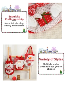 Detail of Christmas gift bags featuring 3D Santa, reindeer, and snowman knit textures