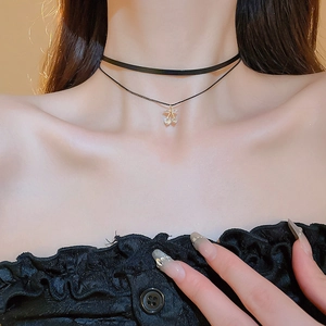 Double-layer black leather choker featuring a sparkling zircon cherry pendant for women