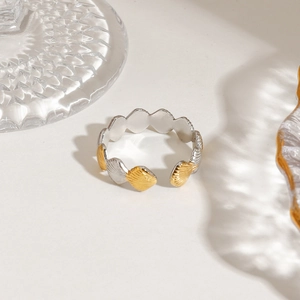 Adjustable 18K gold and silver two-tone stainless steel ring with shell texture