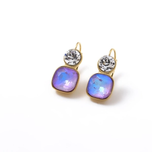 Elegant gold drop earrings with round clear crystal and purple square rhinestone