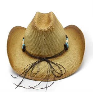 Detail of hand-woven straw cowboy hat with turquoise beads and brown cord trim