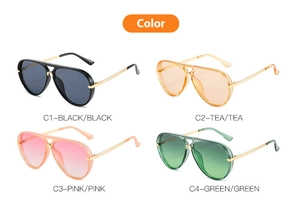 Detailansicht der großen Pilotenbrille in vier Farben: Schwarz, Bernstein, Pink und Neongrün