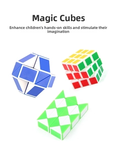 Set of educational toys featuring a colorful magic cube and two snake cube rulers in a group