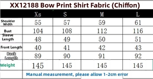 Size chart for bow print chiffon shirt showing measurements in centimeters for XS to L