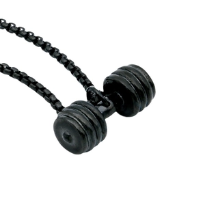 Polished black dumbbell pendant necklace in stainless steel with sporty curb chain link