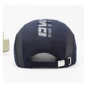 Rear view of quick-dry navy sports cap showing mesh panels and adjustable metal buckle