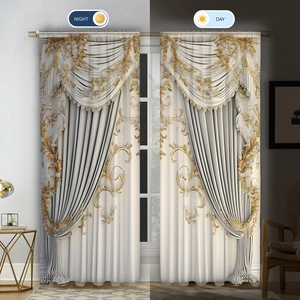 Baroque floral curtains showing visual light blocking effect in day and night scenes